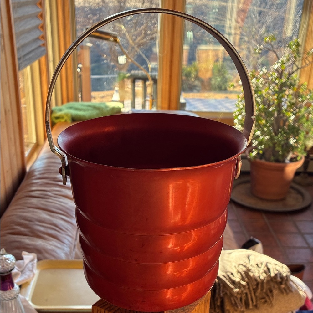 Kromex Red Metal Ice Bucket with Handle Enduringly Beautiful W/ Silver Handle